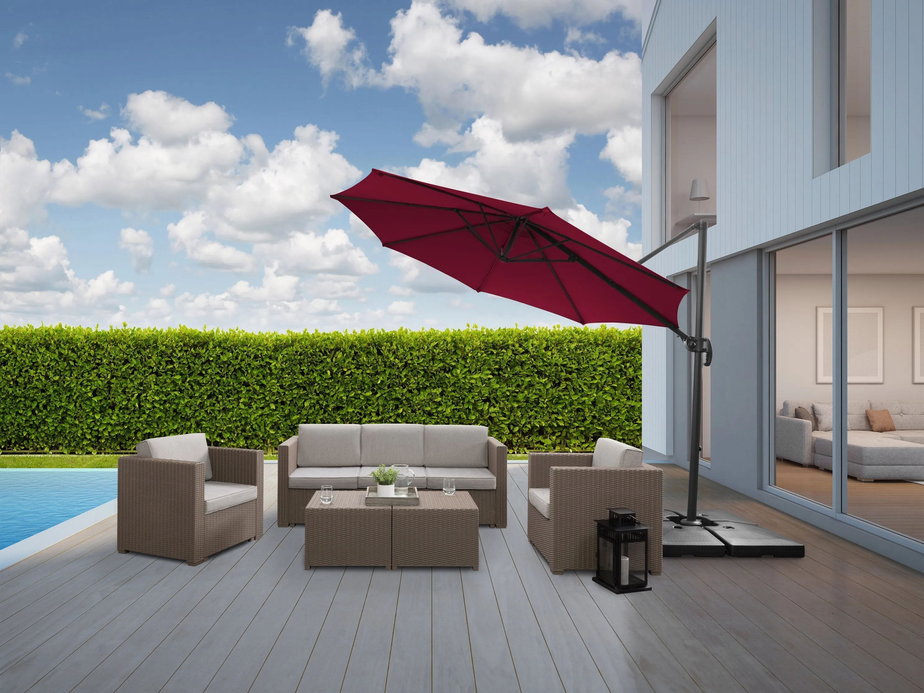 9.5ft Offset Patio Umbrella, 360 Degree - Wine Red