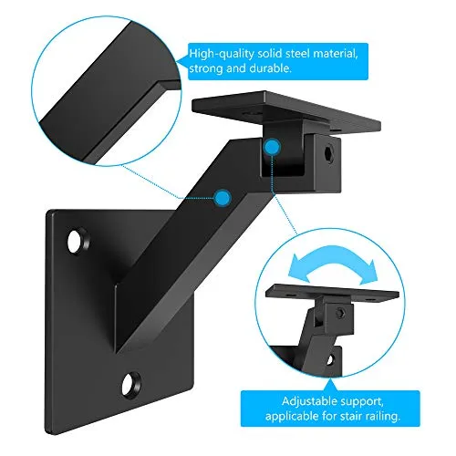 AMSOOM Adjustable Handrail Bracket Wall Mounted Steel Metal Railing Bracket Stairway Support DIY Easy Installation Stair Accessories Hardware for Wood Square Railings.(Black, 8 Pack)