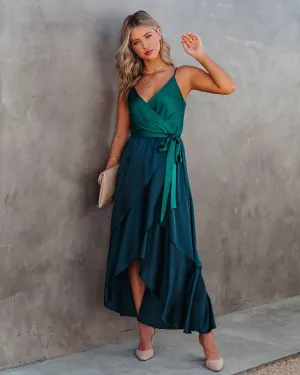 Ansley Satin Colorblock High Low Maxi Dress - Green Navy