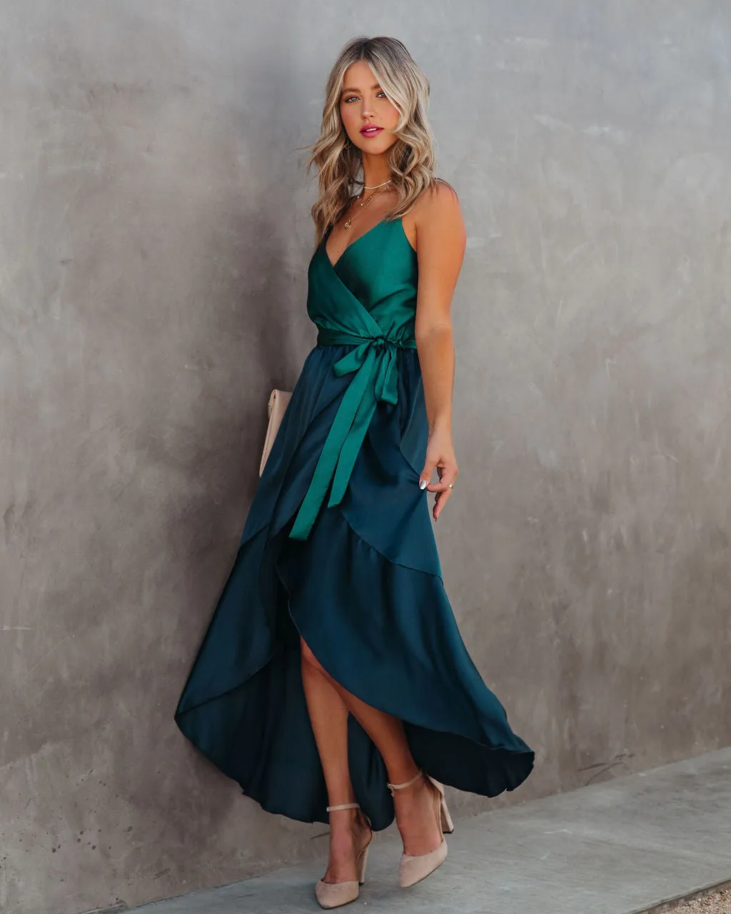 Ansley Satin Colorblock High Low Maxi Dress - Green Navy