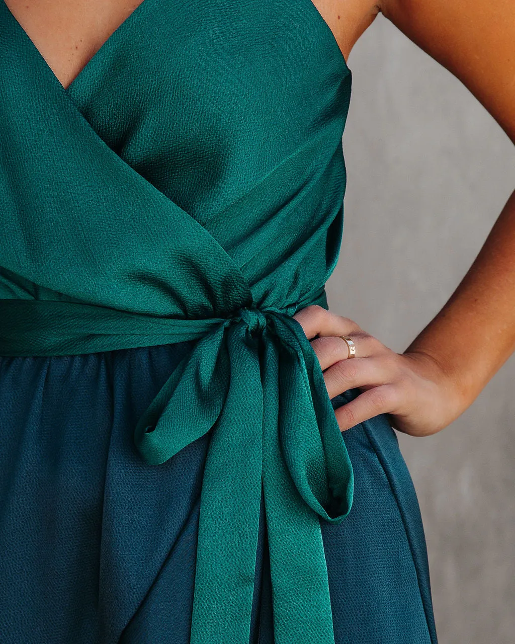 Ansley Satin Colorblock High Low Maxi Dress - Green Navy