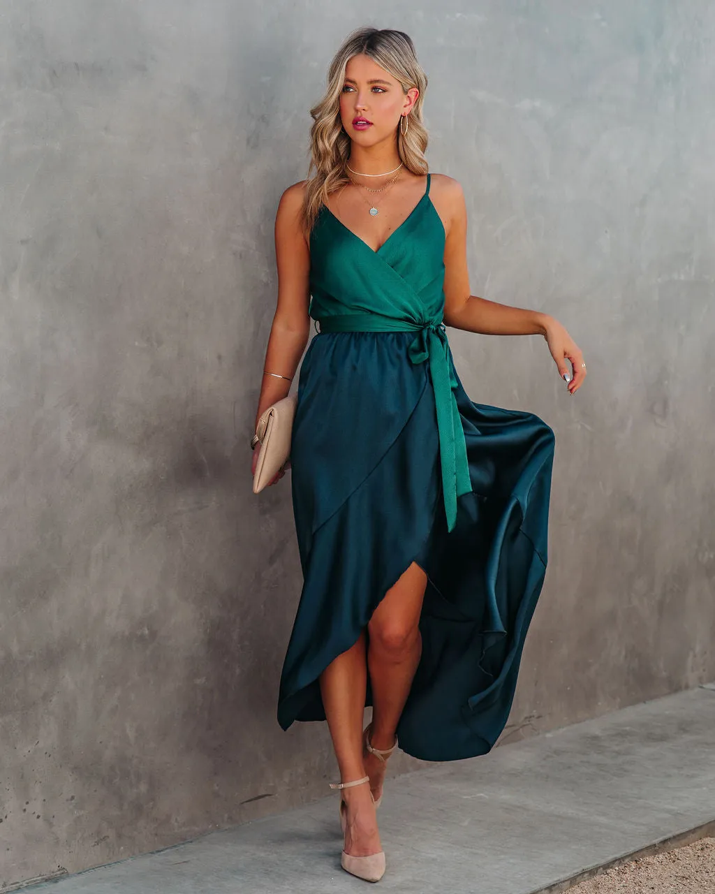 Ansley Satin Colorblock High Low Maxi Dress - Green Navy