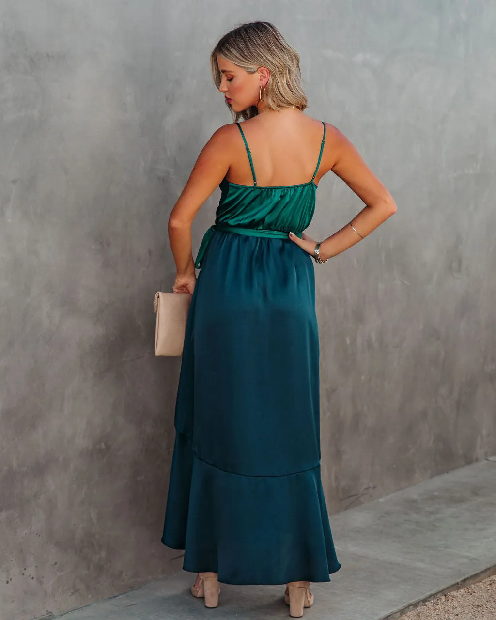 Ansley Satin Colorblock High Low Maxi Dress - Green Navy