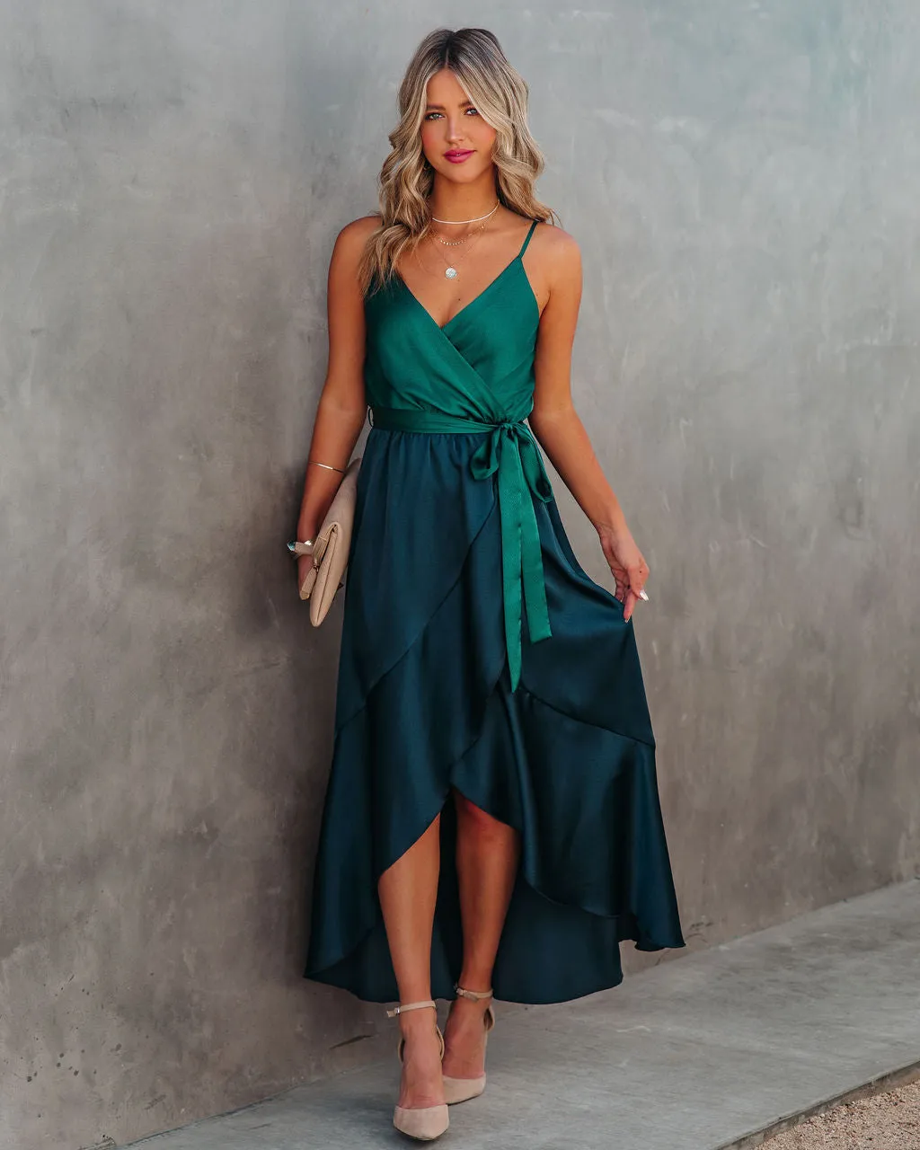 Ansley Satin Colorblock High Low Maxi Dress - Green Navy