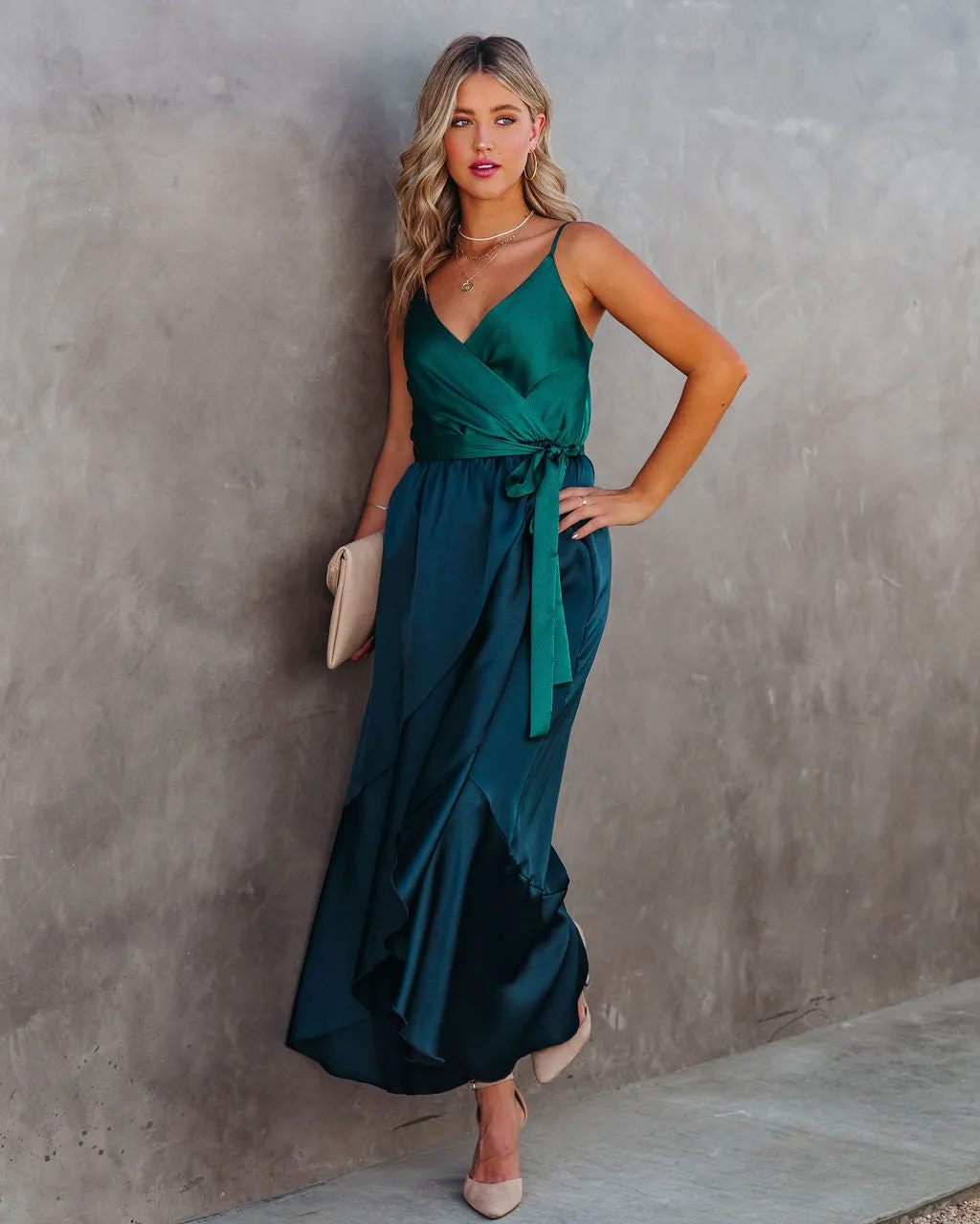 Ansley Satin Colorblock High Low Maxi Dress - Green Navy