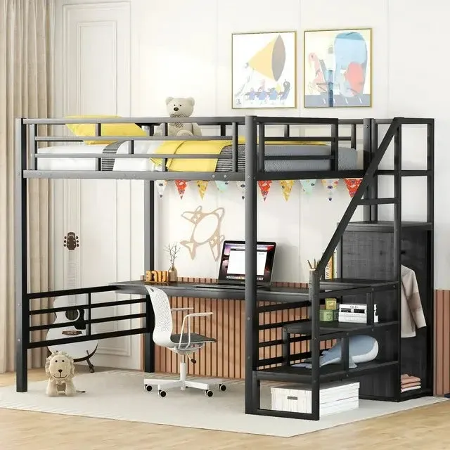 Bellemave® Full Size Metal Loft Bed with Desk, Storage Stairs and Small Wardrobe