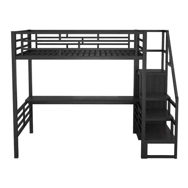 Bellemave® Full Size Metal Loft Bed with Desk, Storage Stairs and Small Wardrobe