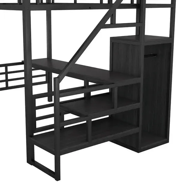 Bellemave® Full Size Metal Loft Bed with Desk, Storage Stairs and Small Wardrobe