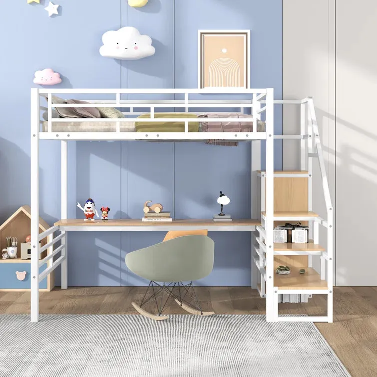 Bellemave® Full Size Metal Loft Bed with Desk, Storage Stairs and Small Wardrobe