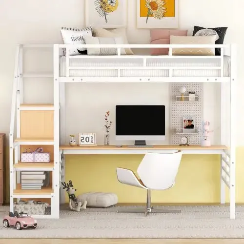 Bellemave® Full Size Metal Loft Bed with Desk, Storage Stairs and Small Wardrobe