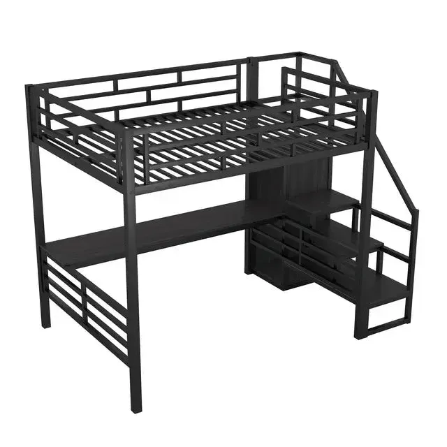 Bellemave® Full Size Metal Loft Bed with Desk, Storage Stairs and Small Wardrobe