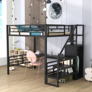 Bellemave® Full Size Metal Loft Bed with Desk, Storage Stairs and Small Wardrobe