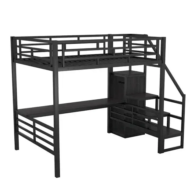 Bellemave® Full Size Metal Loft Bed with Desk, Storage Stairs and Small Wardrobe