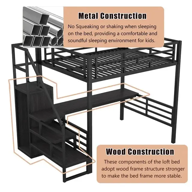 Bellemave® Full Size Metal Loft Bed with Desk, Storage Stairs and Small Wardrobe