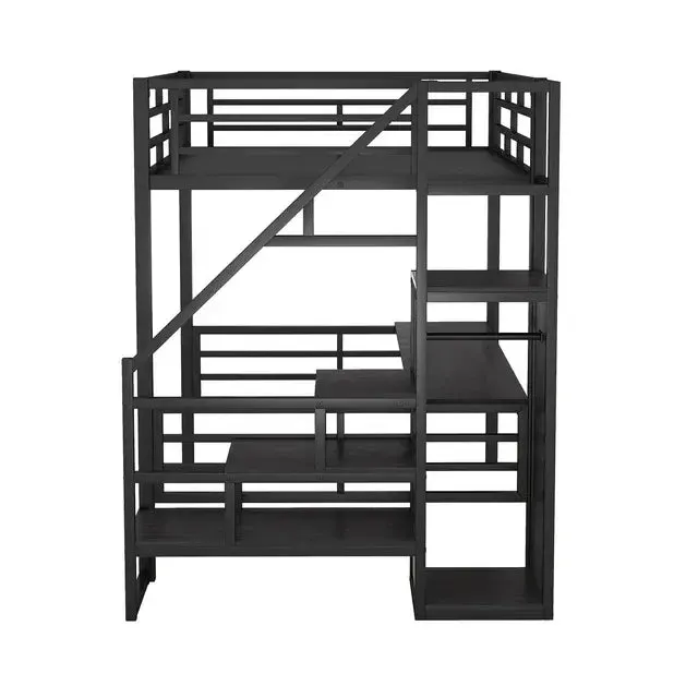 Bellemave® Full Size Metal Loft Bed with Desk, Storage Stairs and Small Wardrobe