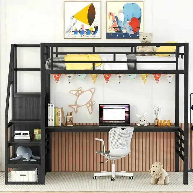 Bellemave® Full Size Metal Loft Bed with Desk, Storage Stairs and Small Wardrobe