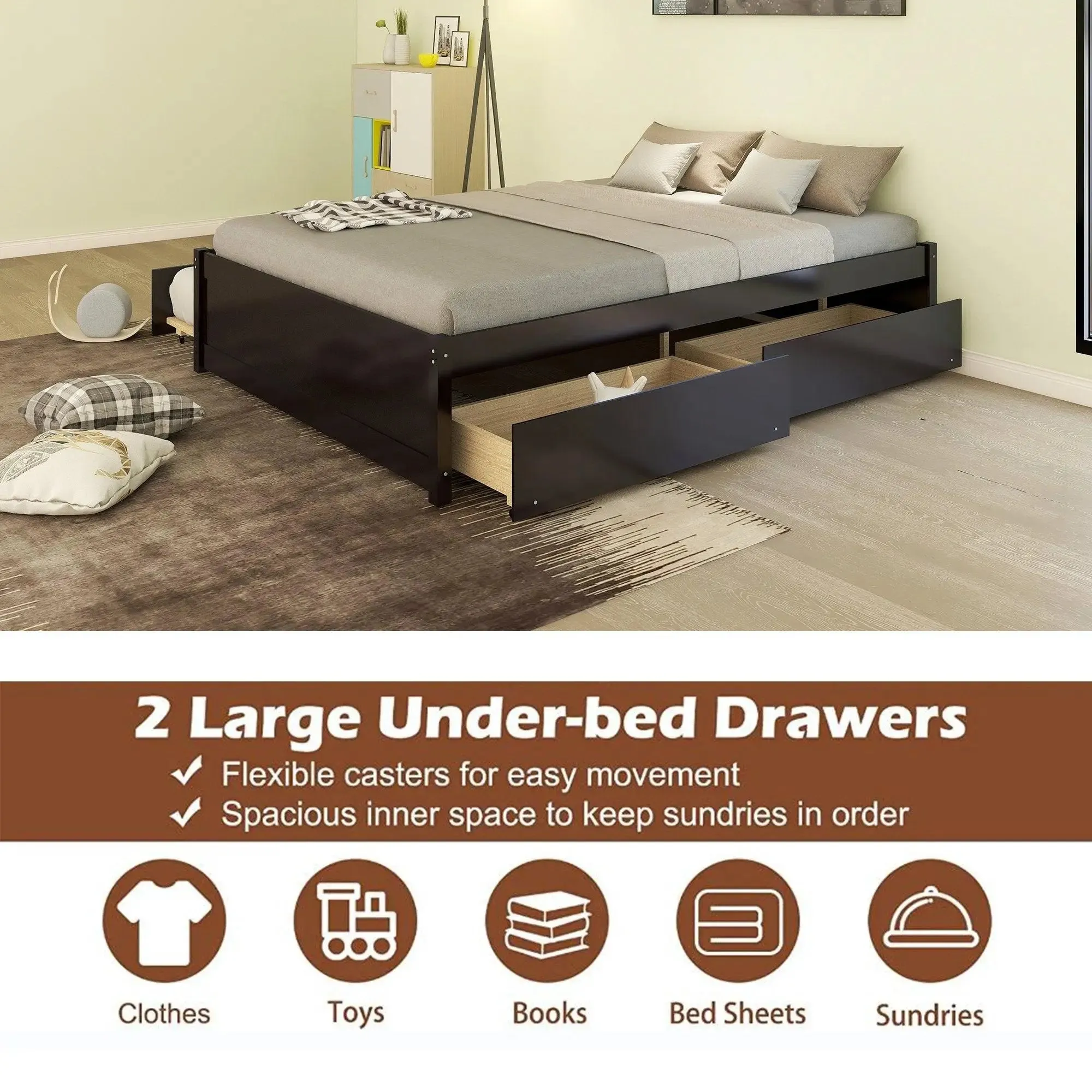 Bellemave® Full Size Platform Bed with Trundle and 2 Drawers