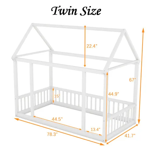 Bellemave® Montessori Floor Bed with House Roof Frame and Safety Guardrails