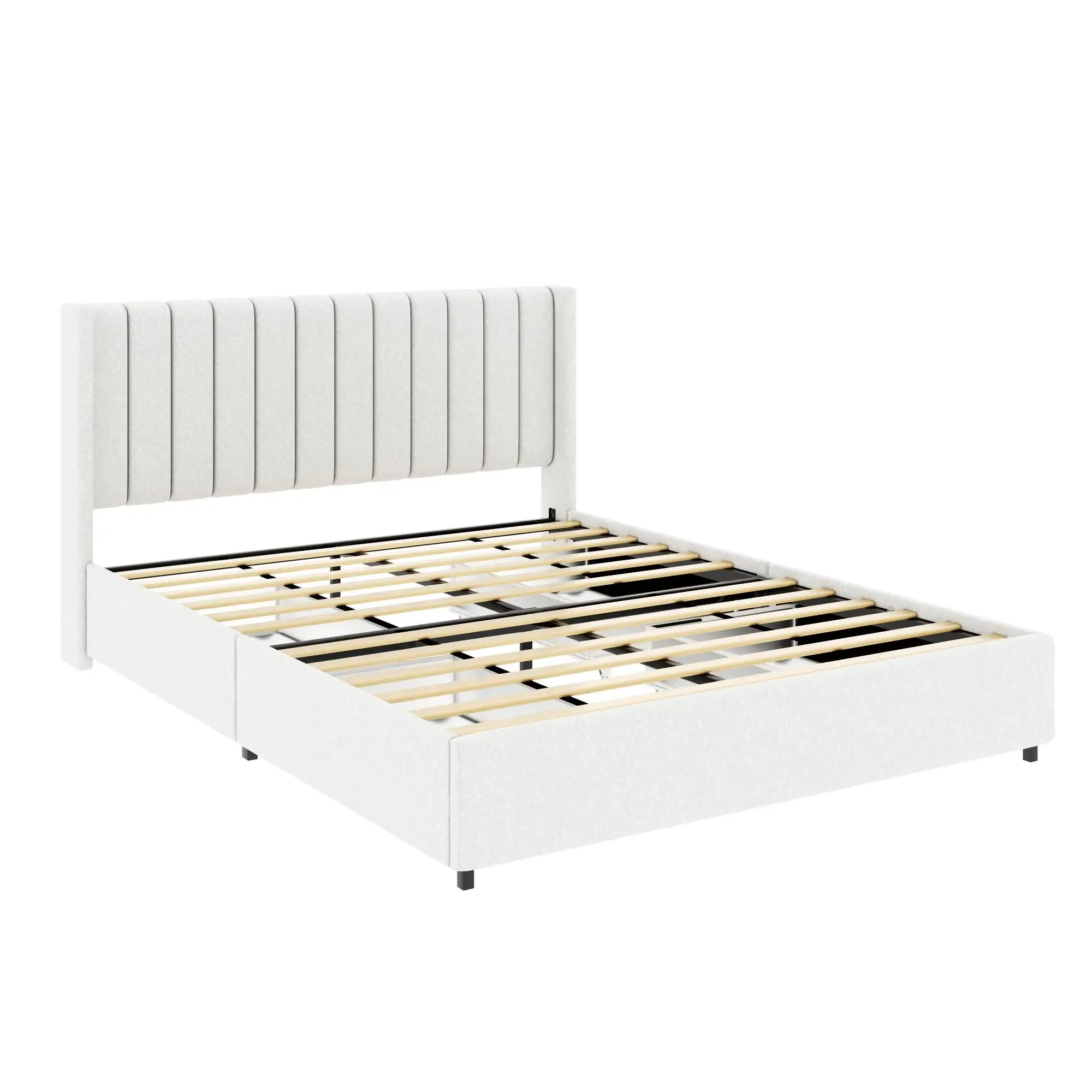 Bellemave® Queen Size Ivory Upholstered Platform Bed with Patented 4 Drawers Storage, Tufted Headboard and Wooden Slat Support