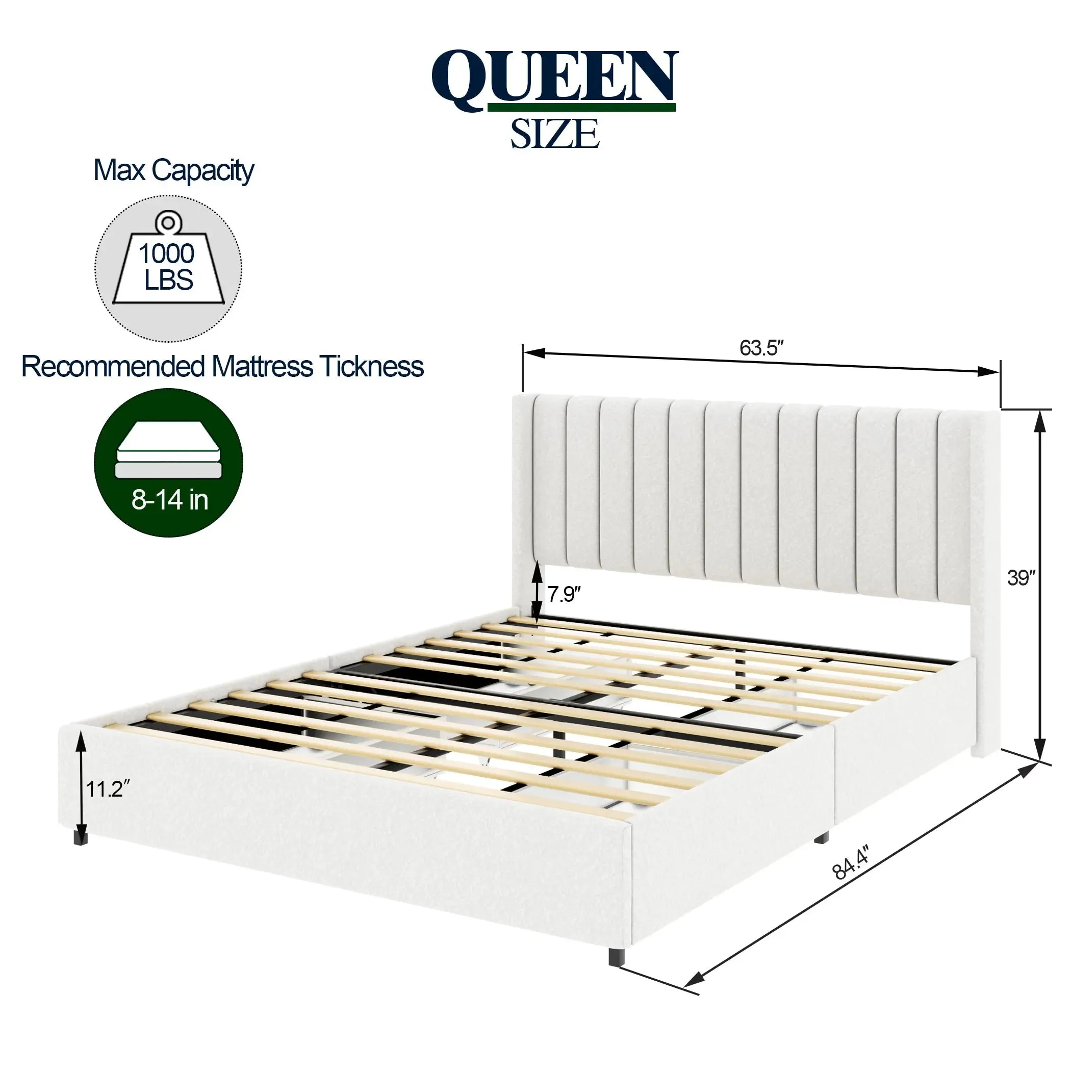 Bellemave® Queen Size Ivory Upholstered Platform Bed with Patented 4 Drawers Storage, Tufted Headboard and Wooden Slat Support