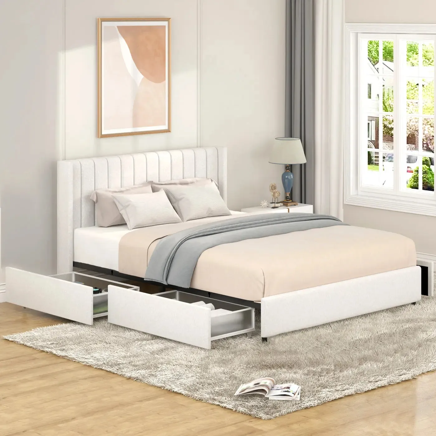 Bellemave® Queen Size Ivory Upholstered Platform Bed with Patented 4 Drawers Storage, Tufted Headboard and Wooden Slat Support