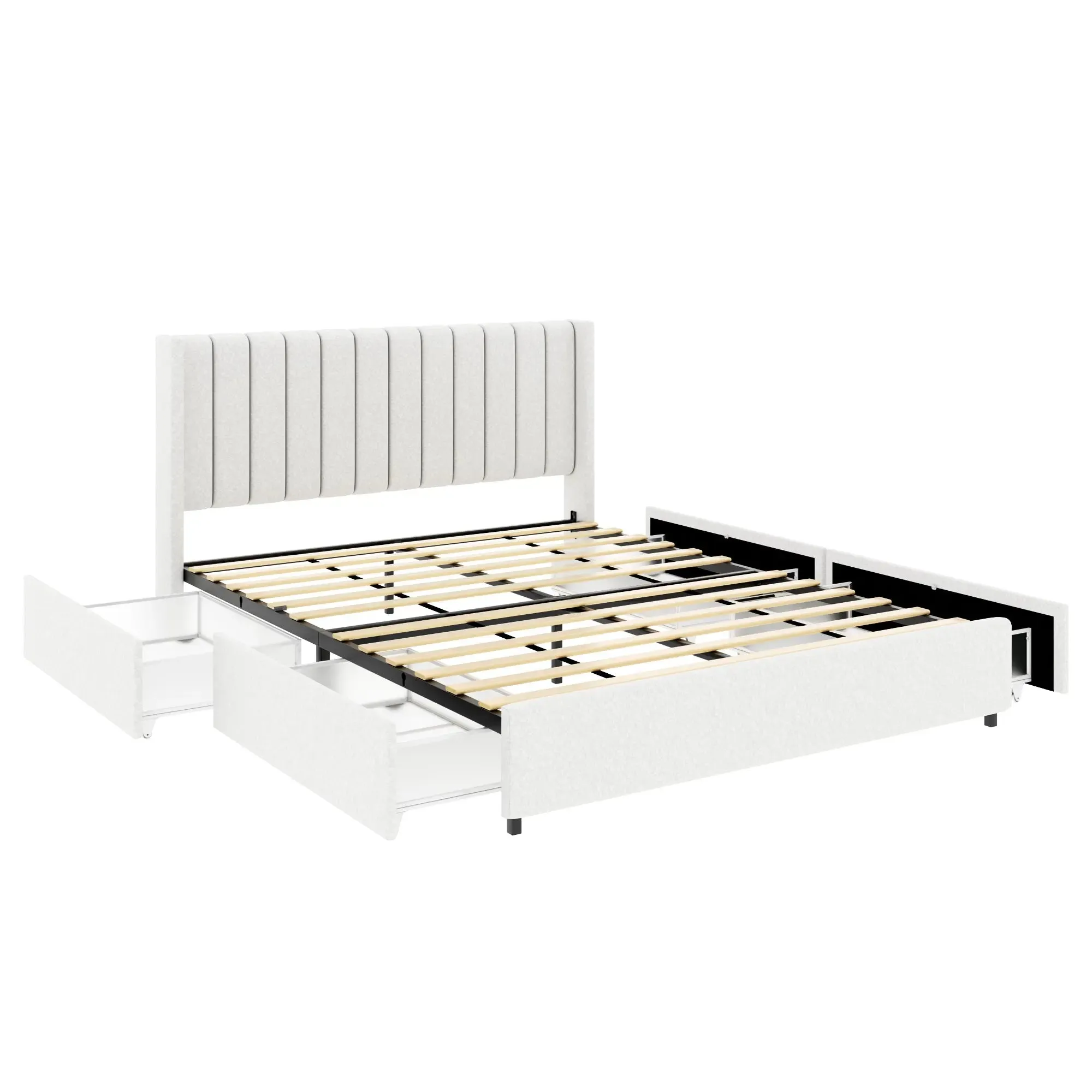 Bellemave® Queen Size Ivory Upholstered Platform Bed with Patented 4 Drawers Storage, Tufted Headboard and Wooden Slat Support