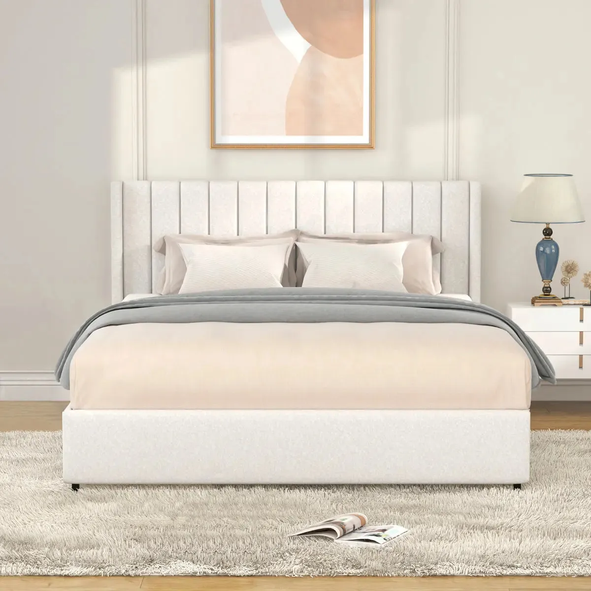 Bellemave® Queen Size Ivory Upholstered Platform Bed with Patented 4 Drawers Storage, Tufted Headboard and Wooden Slat Support