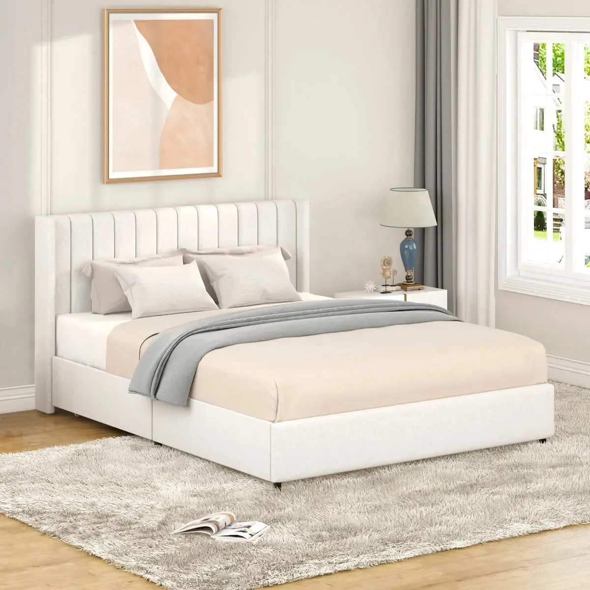 Bellemave® Queen Size Ivory Upholstered Platform Bed with Patented 4 Drawers Storage, Tufted Headboard and Wooden Slat Support