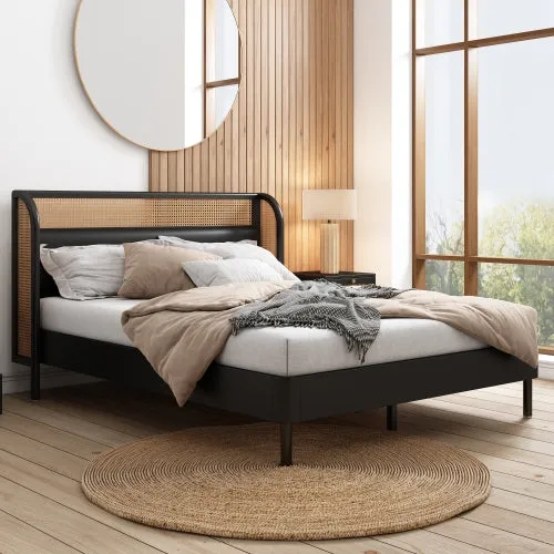 Bellemave® Queen Size Modern Cannage Rattan Wood Platform  Bed