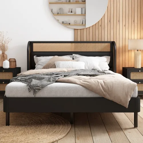 Bellemave® Queen Size Modern Cannage Rattan Wood Platform  Bed