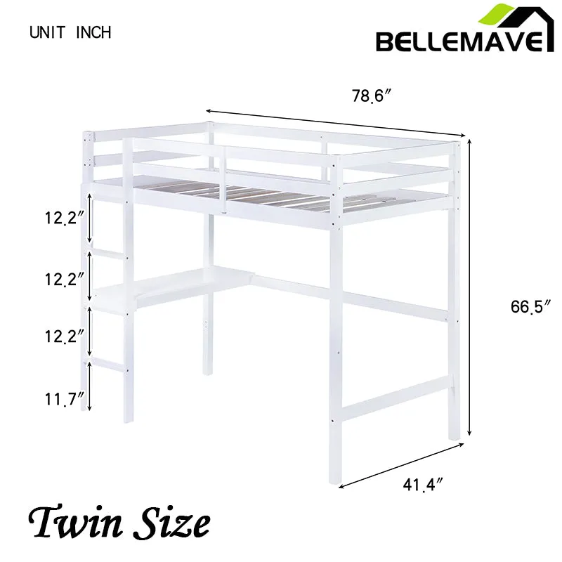 Bellemave® Twin Size Rubber Wood Loft Bed with Safety Guardrail, Built-in Desk, Ladder