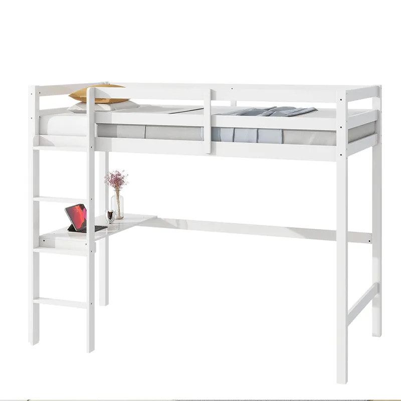 Bellemave® Twin Size Rubber Wood Loft Bed with Safety Guardrail, Built-in Desk, Ladder