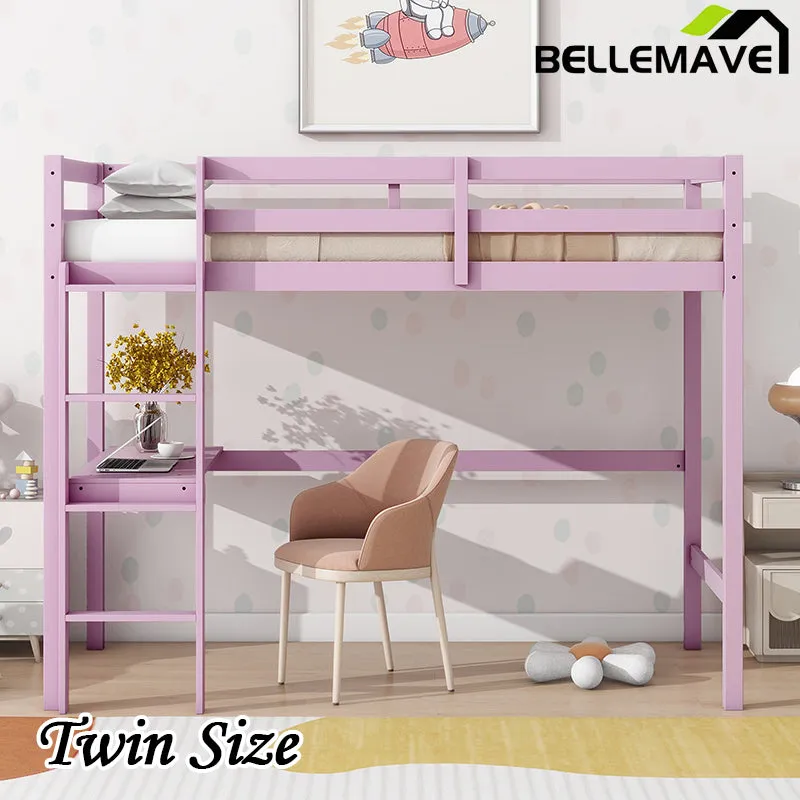 Bellemave® Twin Size Rubber Wood Loft Bed with Safety Guardrail, Built-in Desk, Ladder