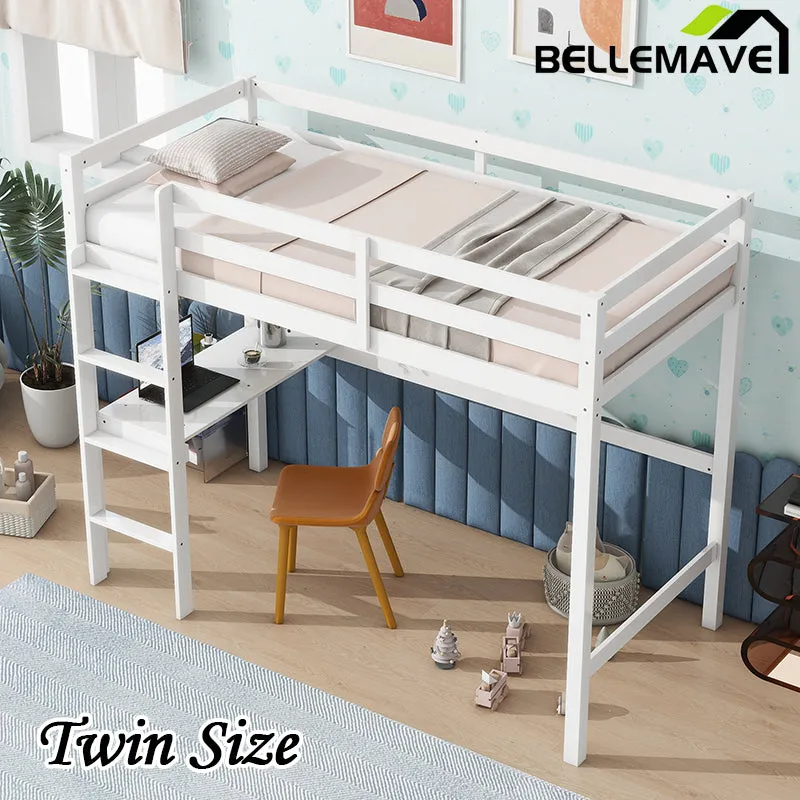 Bellemave® Twin Size Rubber Wood Loft Bed with Safety Guardrail, Built-in Desk, Ladder