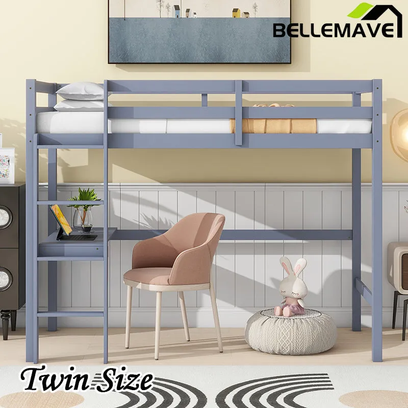 Bellemave® Twin Size Rubber Wood Loft Bed with Safety Guardrail, Built-in Desk, Ladder