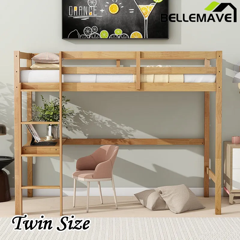 Bellemave® Twin Size Rubber Wood Loft Bed with Safety Guardrail, Built-in Desk, Ladder