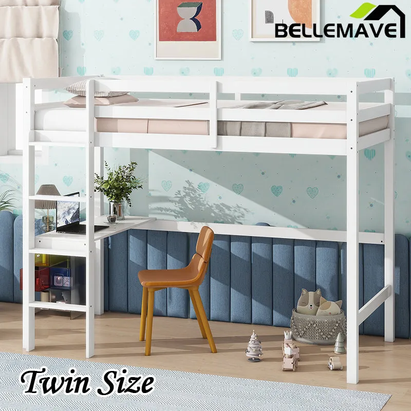 Bellemave® Twin Size Rubber Wood Loft Bed with Safety Guardrail, Built-in Desk, Ladder