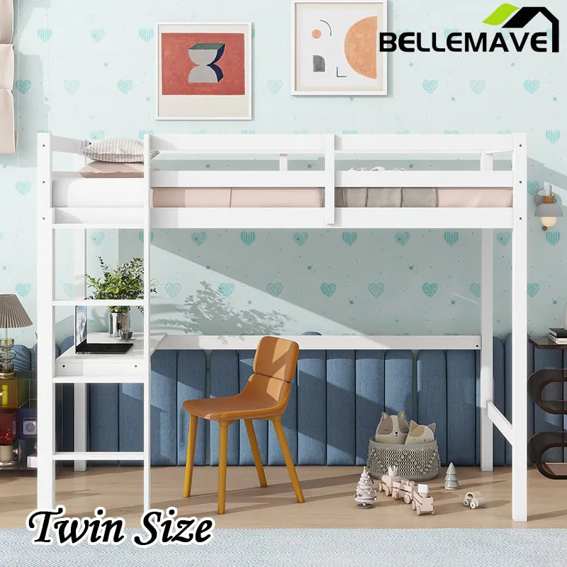 Bellemave® Twin Size Rubber Wood Loft Bed with Safety Guardrail, Built-in Desk, Ladder