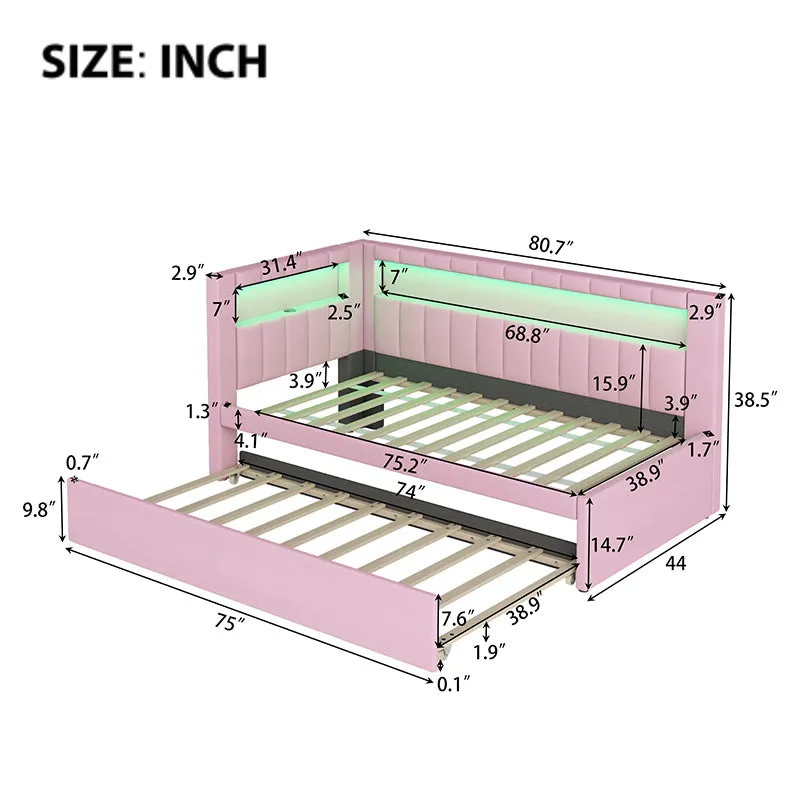 Bellemave® Twin Size Upholstered Daybed with USB Ports and LED Belt, with Twin Trundle Bed