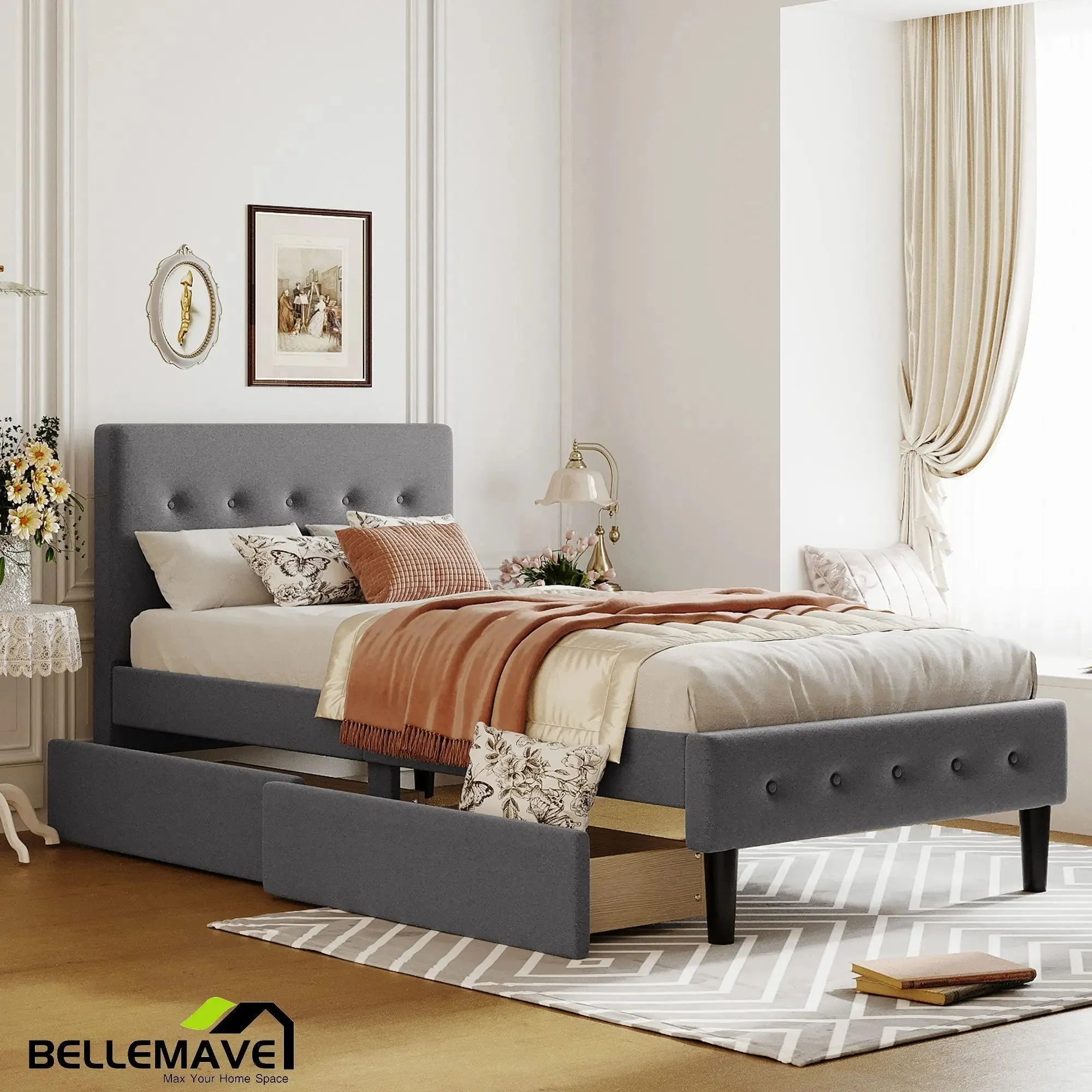 Bellemave® Twin Size Upholstered Platform Bed with 2 Drawers