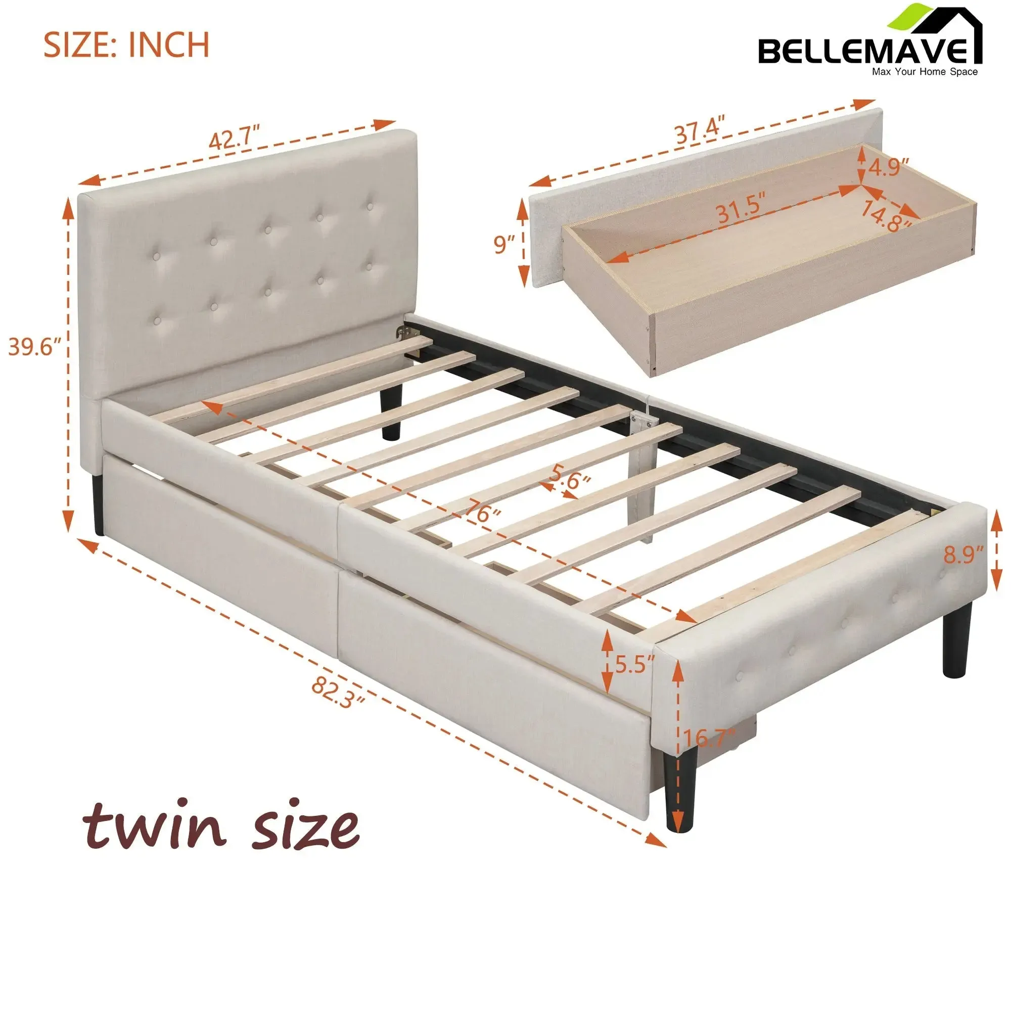 Bellemave® Twin Size Upholstered Platform Bed with 2 Drawers