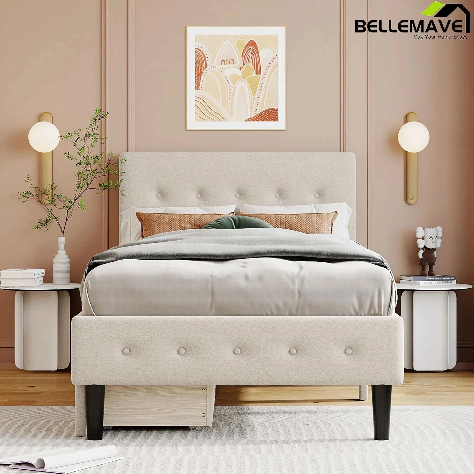 Bellemave® Twin Size Upholstered Platform Bed with 2 Drawers