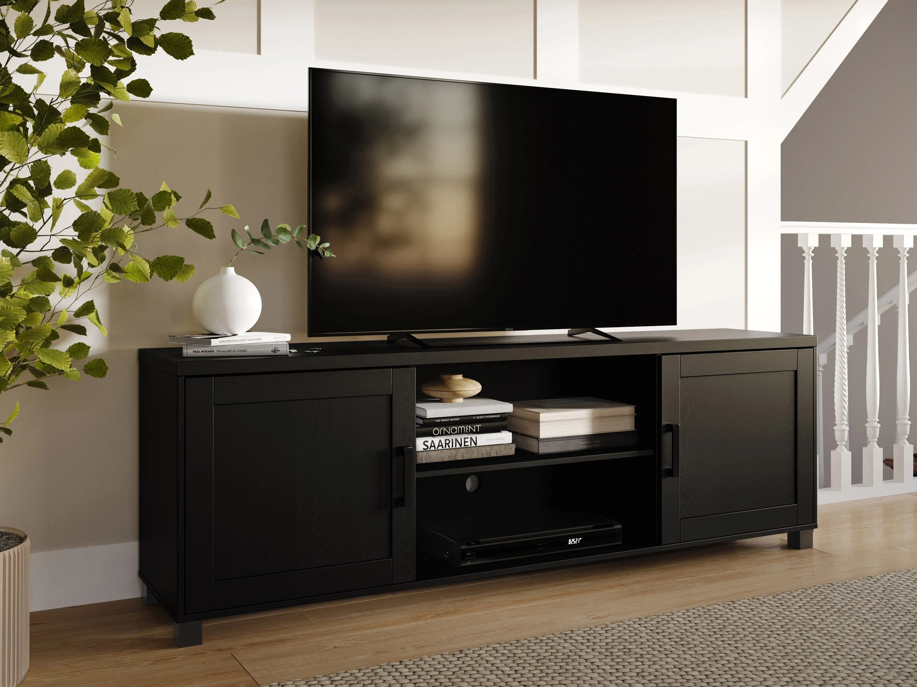 Black TV Stand with Doors, TVs up to 85"