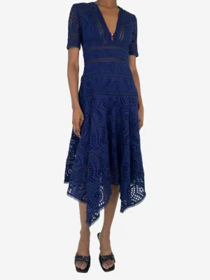 Blue broderie anglaise midi dress - size UK 8