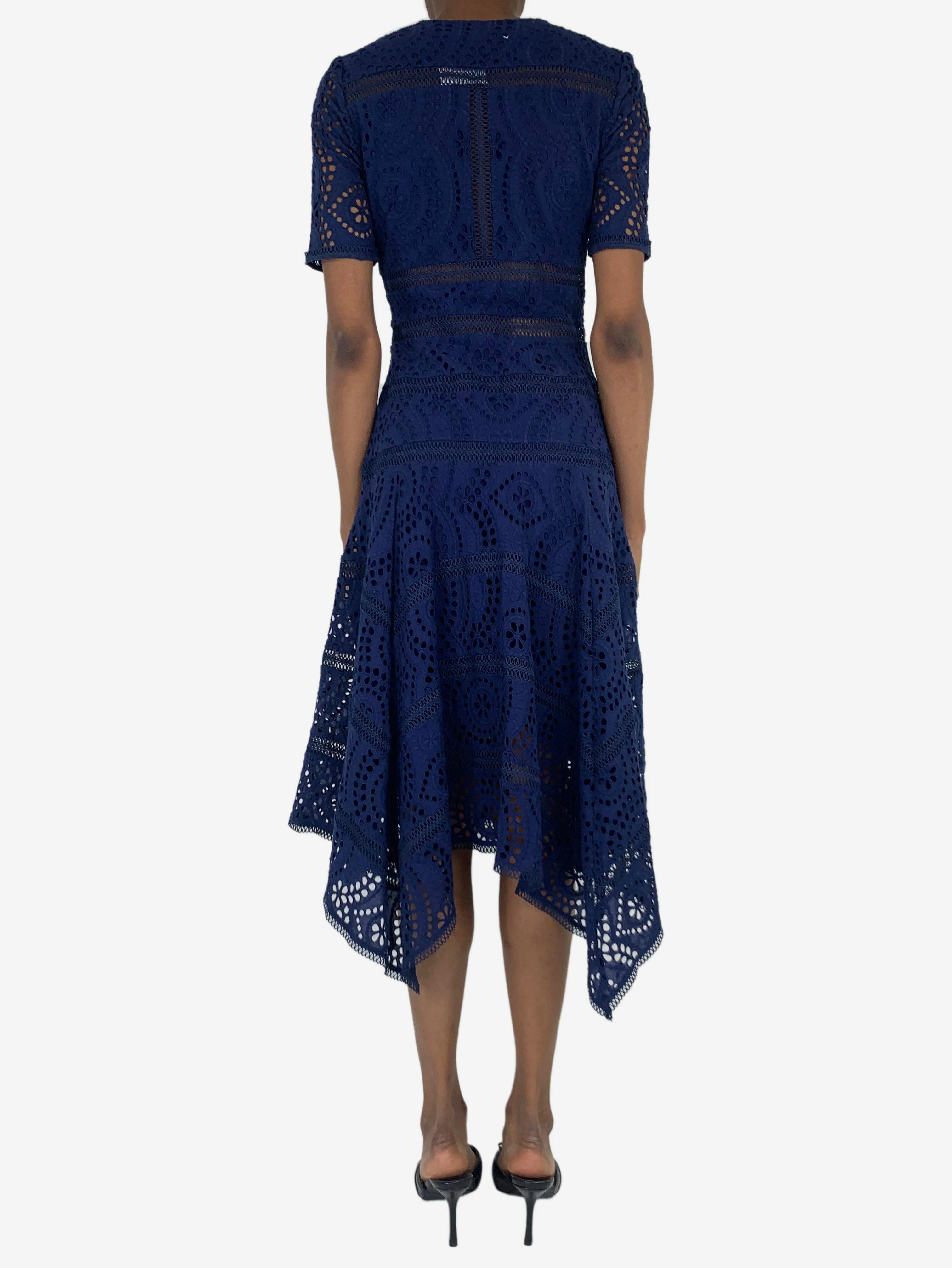 Blue broderie anglaise midi dress - size UK 8