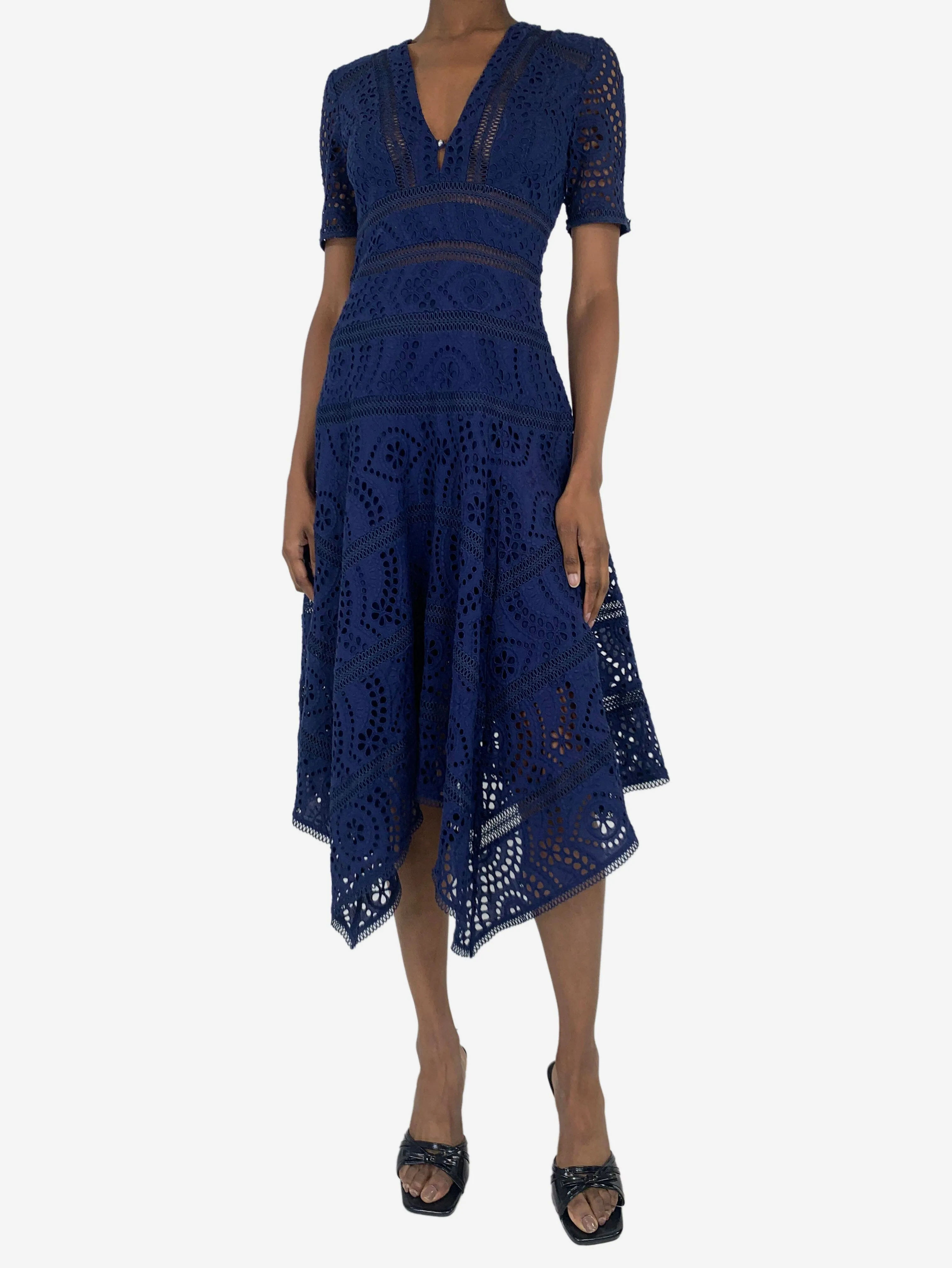 Blue broderie anglaise midi dress - size UK 8