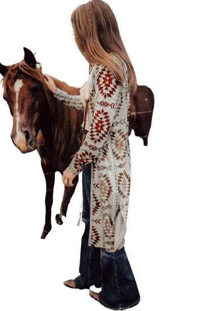 Brown Western Aztec Printed Open Front Long Cardigan