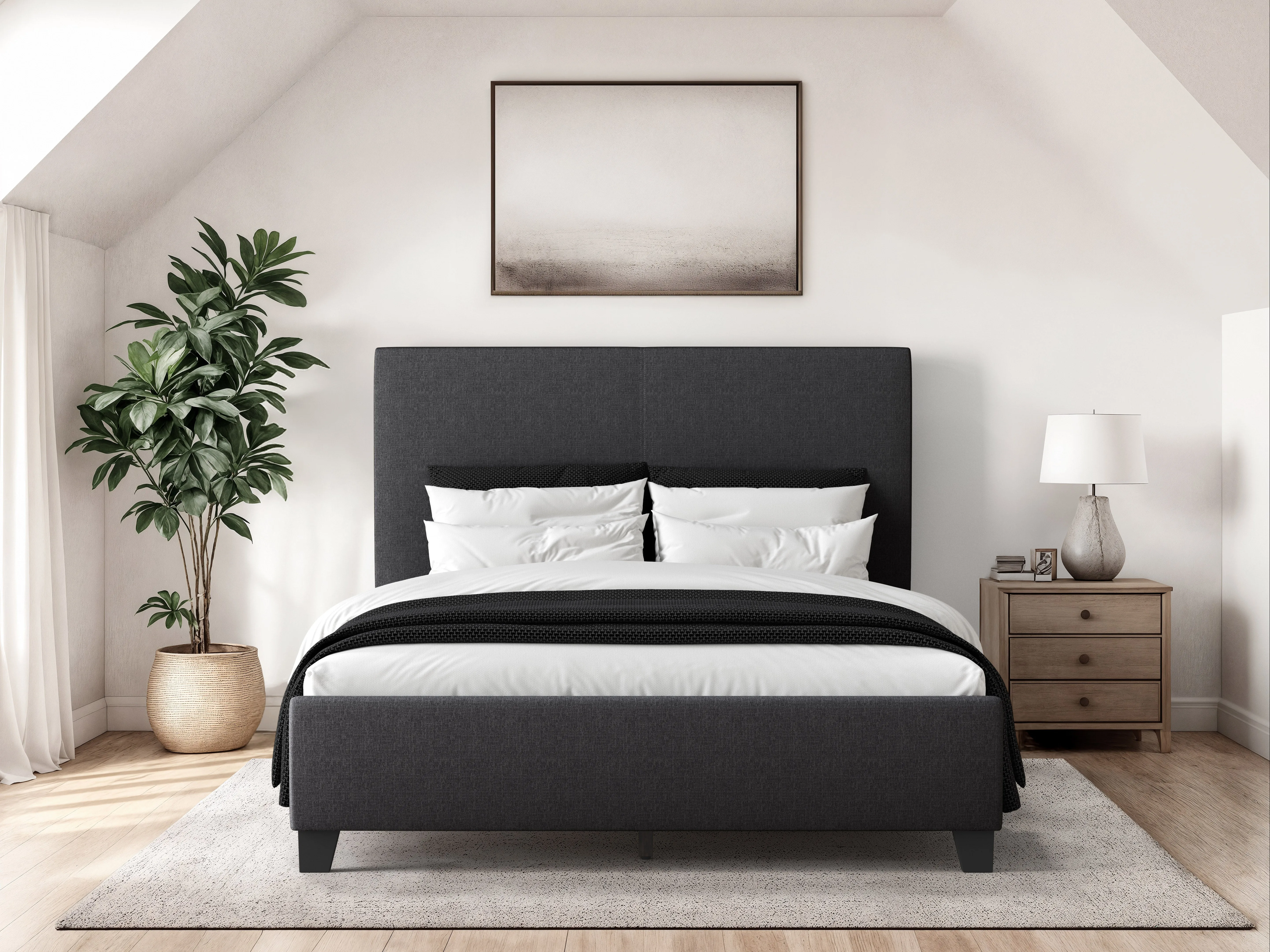 Charcoal Fabric Double Bed with Slats