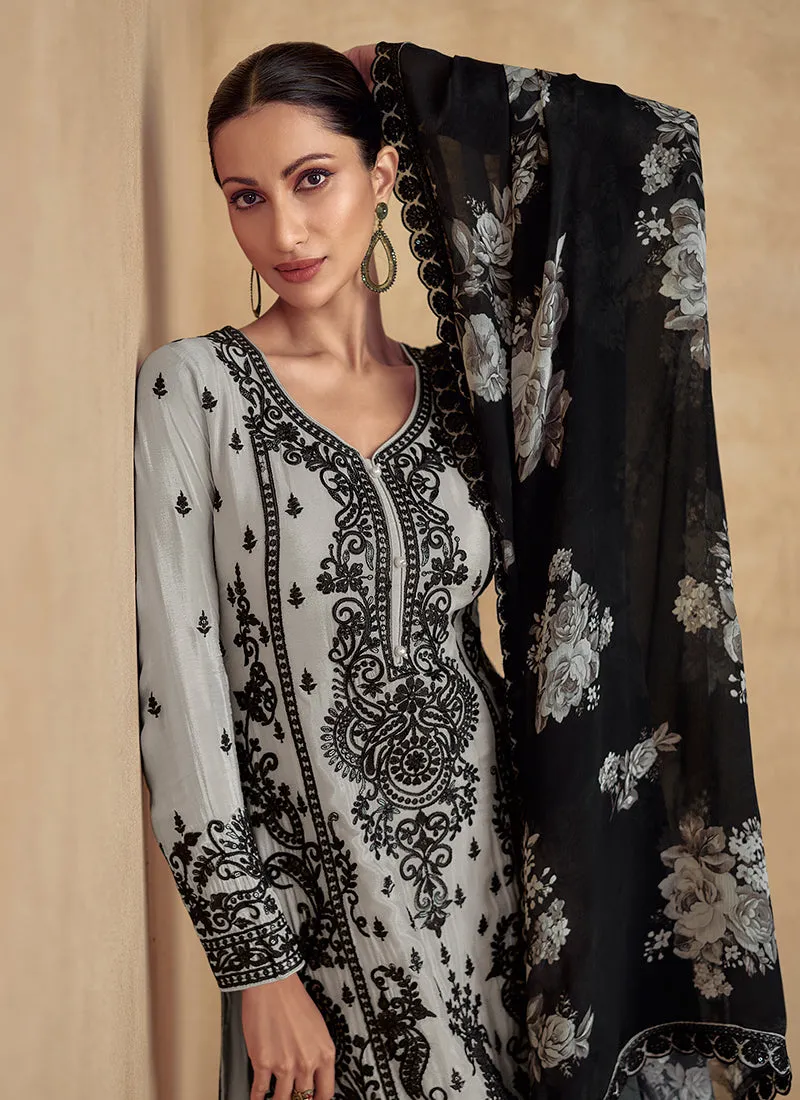 Deep Grey Thread Embroidery Traditional Palazzo Suit