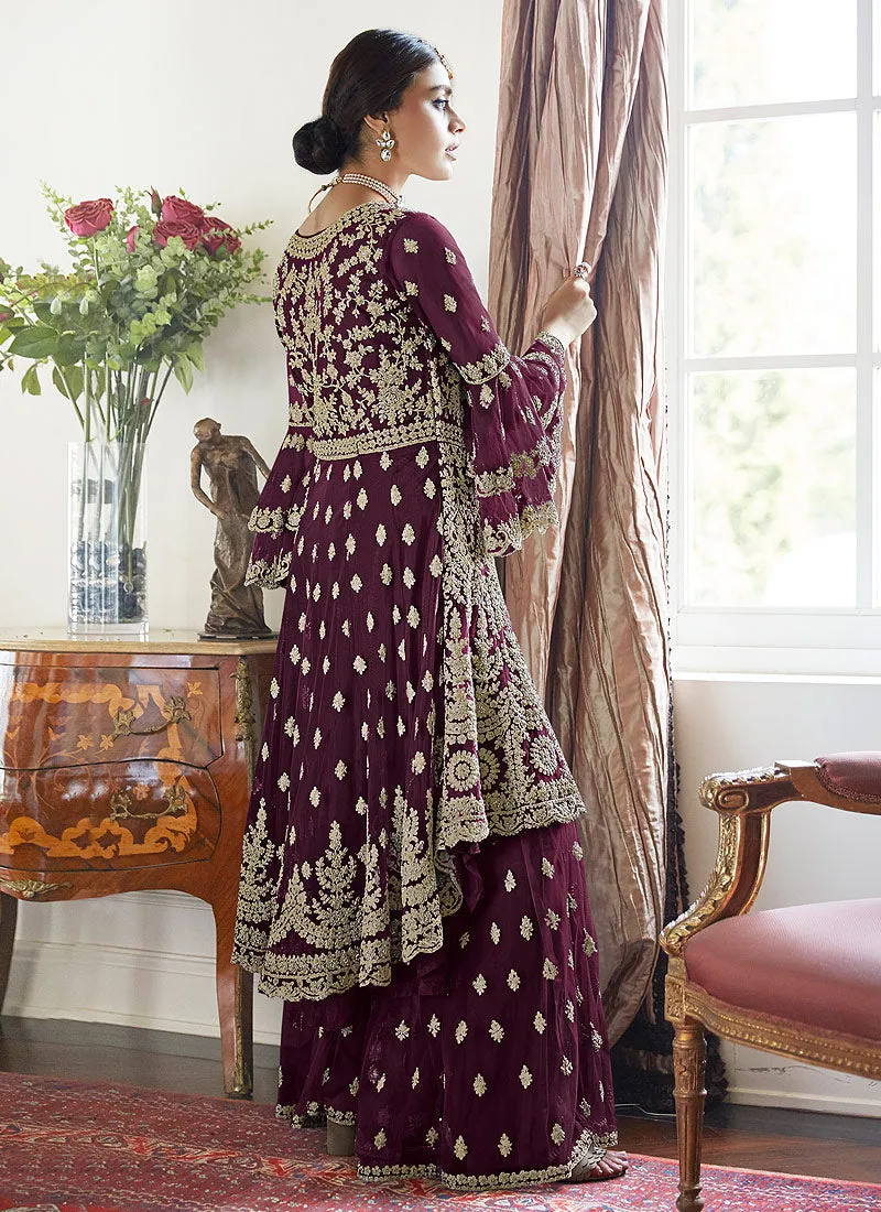 Deep Purple Beige Multi Embroidered Designer Gharara Suit